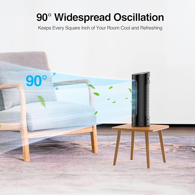 VCK 13'' Tower Fan for Bedroom,27ft/s Velocity Quiet Floor Fan,90° Bladeless Fan for Indoors with 3 Speeds,3 Modes,Oscillating Fans for Indoors,Portable Desk Table Fans for Room, Home,Office