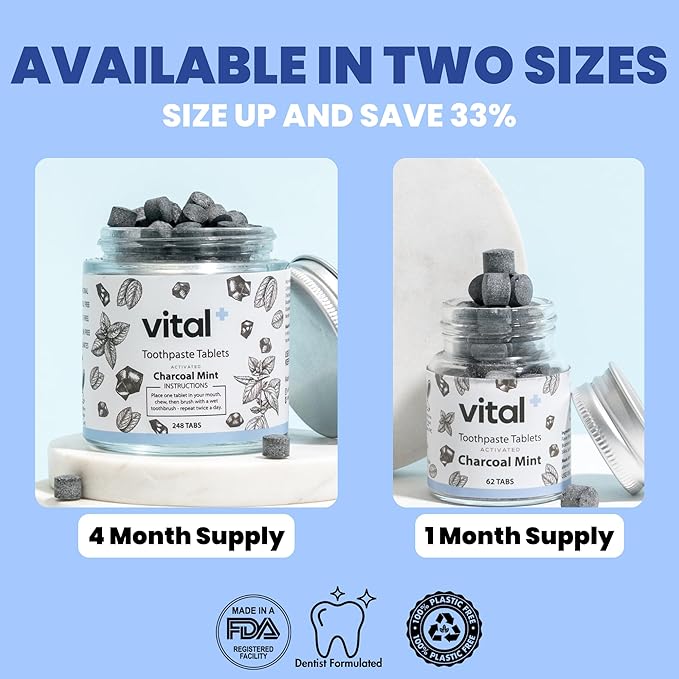 Vital Toothpaste Tabs with Nano-Hydroxyapatite | Naturally Whitens + Remineralizes Teeth | Fluoride & Plastic Free | Combats Sensitivity | Travel & Eco Friendly | Charcoal Mint | 248 Tablets (4 Month)