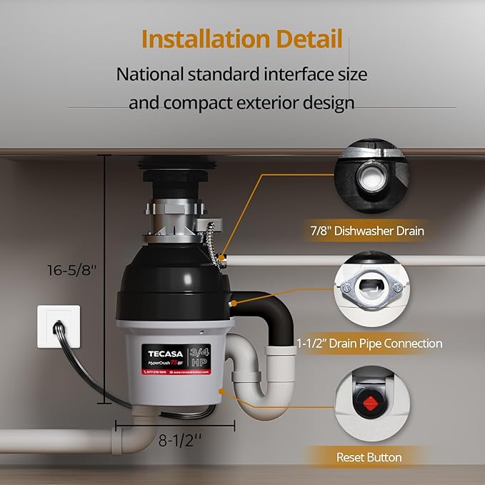 3/4 HP Batch Feed Garbage Disposal, TECASA Stainless Steel Food Waste Grinding System for Kitchen Sink Food Waste, Power Cord Included, Sound Reduction, Grey and Black - HyperCrush 75 BF