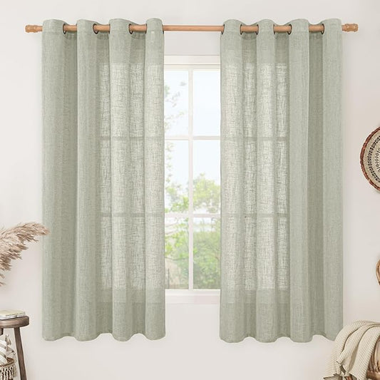 LAMIT Sheer Linen Curtains 63 Inch Length for Bedroom, Faux Linen Textured Light Filtering Neutral Bronze Grommet Window Treatment Drapes for Living Room, 2 Panels, 52 x 63 Inch, Sage Grey