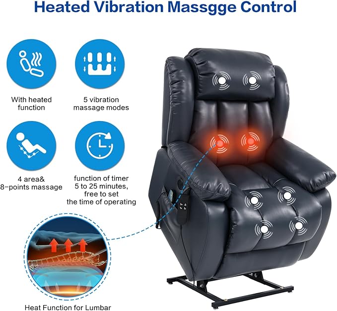 MAEVIS Power Recliner Chair, Lay Flat Sleeping Lift Chairs Recliner for Elderly with Heat and Massage,Comfy Real Breathable Leather Recliners with Dual OKIN Motor for Living Room (Blue)