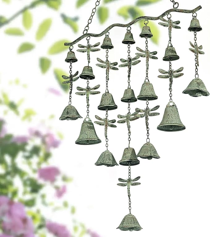 Dragonfly Wind Chimes for Outside, Large Strung Verdigris Windchimes with Wrought Iron Bell for Garden, Patio, Porch Outdoor Decor, Memorial Sympathy