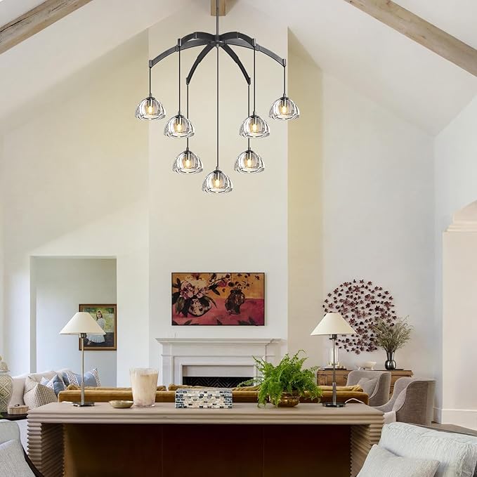 Modern Crystal Chandeliers, Black Round Chandelier for Dining Room, Large Arc Chandelies for Living Room, 7-Light Dining Room Light Fixture 34" Pendant Light Chandelier for Staircase Bedroom