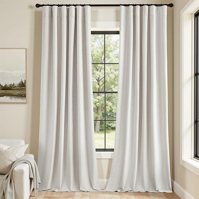 MIULEE 100% Blackout Curtains 120 Inch Long 2 Panels Set for Bedroom, Thick Faux Linen Black Out Curtain Room Darkening Back Tab Pleat Window Textured Drapes with Hooks for Living Room, Light Beige