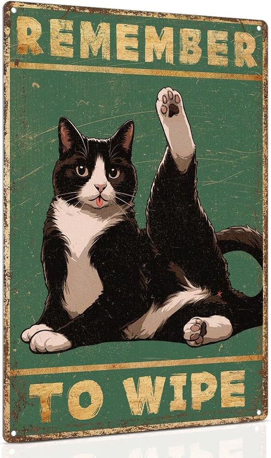ALKB Bathroom Tuxedo Cat Sign - Remember to Wipe - Cat Lover Gift 8x12 Inch Vintage Metal Sign for Bathroom Decorations