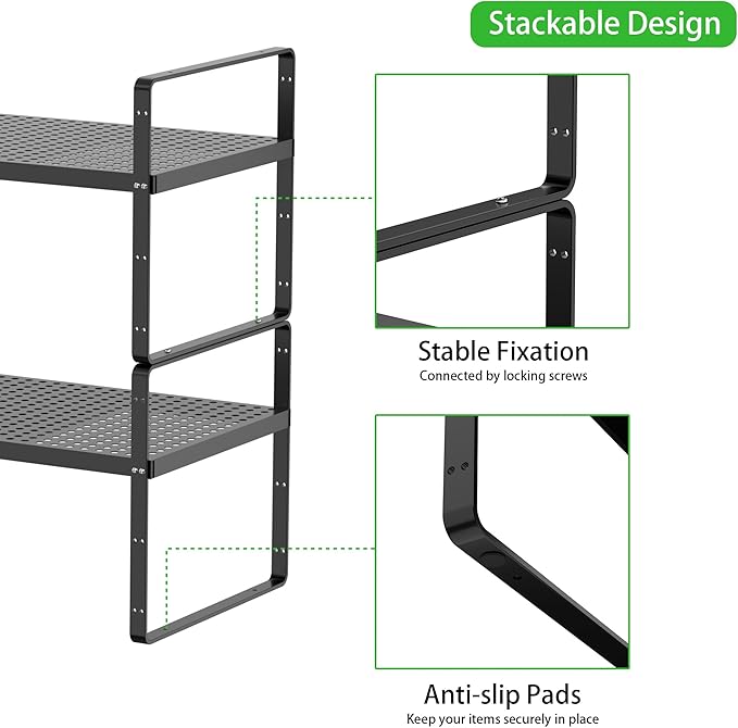 Expandable Cabinet Storage Shelf Stackable Organizer Rack for Kitchen Bathroom Pantry Spice Cupboard Coffee Countertop Home Office Desk Heavy Duty Nonslip Black Large 3 Packs