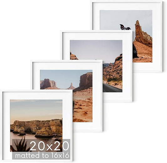HAUS AND HUES 20x20 White Metal Picture Frames Matted to 16x16 - Features Premium Aluminum & Hanging Hardware, Shatterproof Plexiglass - Ideal for Home, Room, Office (20x20 in, White, Set of 4)