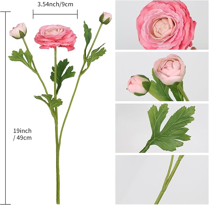 IPOPU 4PCS Real Touch Hot Pink Ranunculus Artificial Flowers Faux Ranunculus Flowers for Vase Real Look Silk Peonies Fake Peony Flowers for Home Indoor Wedding Centerpieces for Table Decor (Rose Red)