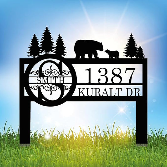 Personalized Custom Bear Wildlife Decor with Metal Stake - Address House Number Name Sign for Farmhouse, Yard, Camping