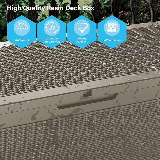 100 Gallon Double-Wall Resin Deck Box - Lockable Waterproof Outdoor Storage Box, 1000lbs Capacity & Doubles as Seating for Patio Furniture - Garden Tools, Pool Accessories (Brown)