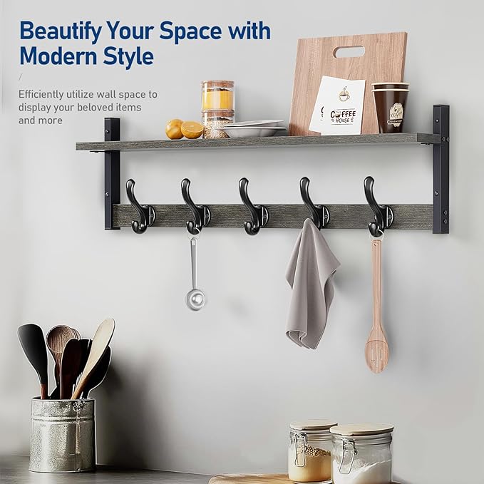 Tatub 29" Rustic Coat Rack Wall Mount with Shelf, Entryway Wall Hooks with Shelf, Coat Hangers for Bathroom, Living Room, Bedroom, Dark Grey