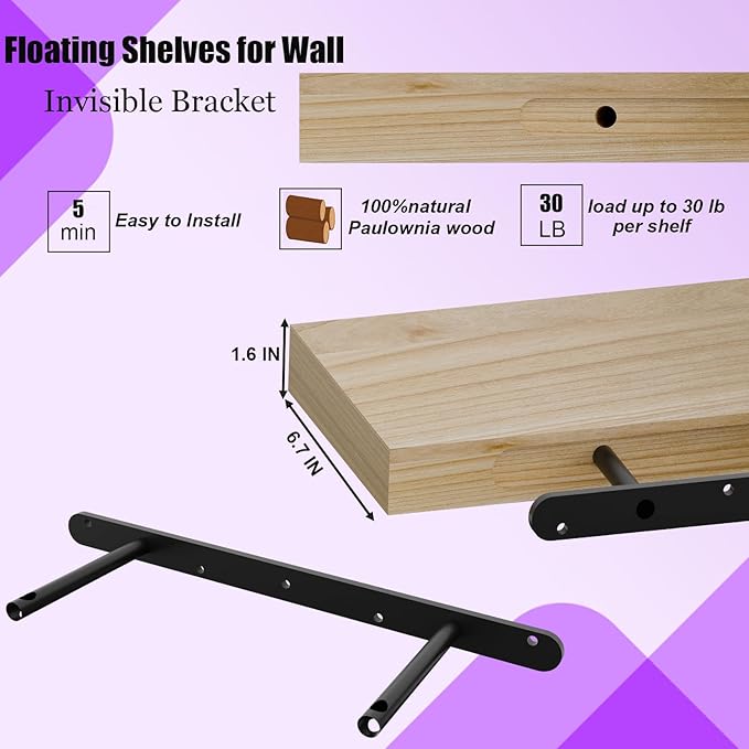 IAE Floating Wall Shelves 24 inch,Bathroom Shelves Wall Mounted,Invisible Shelves Floating Kitchen Shelves,Wooden Wall Shelves with Brackets for Living Room Wall Mounted,Easy Install,Set of 2,Natural
