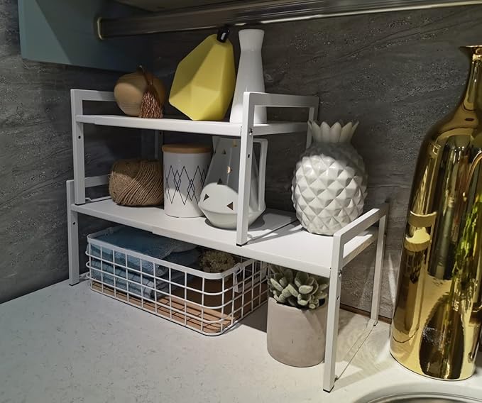 Expandable Cabinet Shelf Organizer 16-26" L Stackable Kitchen Counter Shelf Rack Stand Sink Riser Countertop Storage White (Wide 10.6”D)