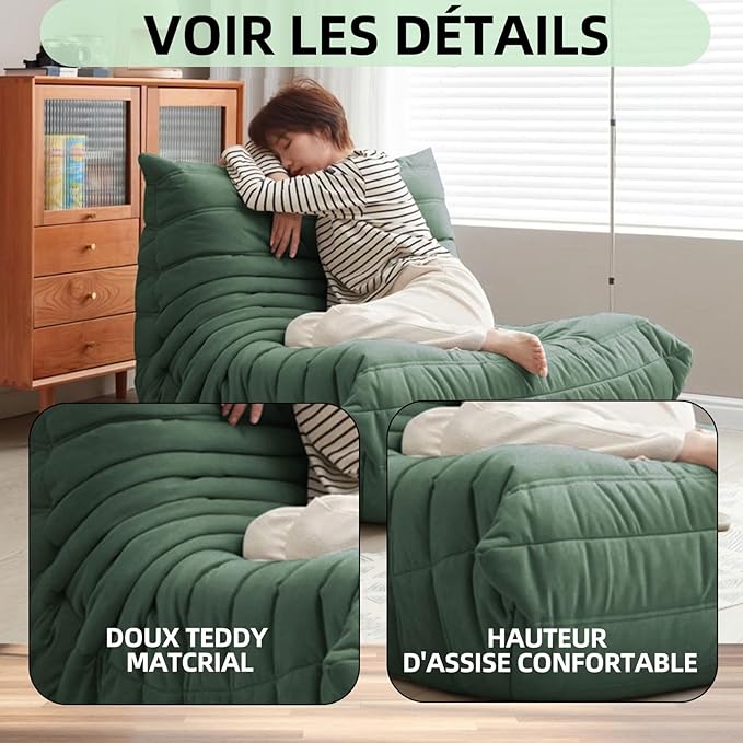 Modern Living Room Chair, Big Bean Bag Adult Floor Sofa, Togo Recliner Memory Foam Lazy Couch Suitable Balcony for Fireside Chair (Green)