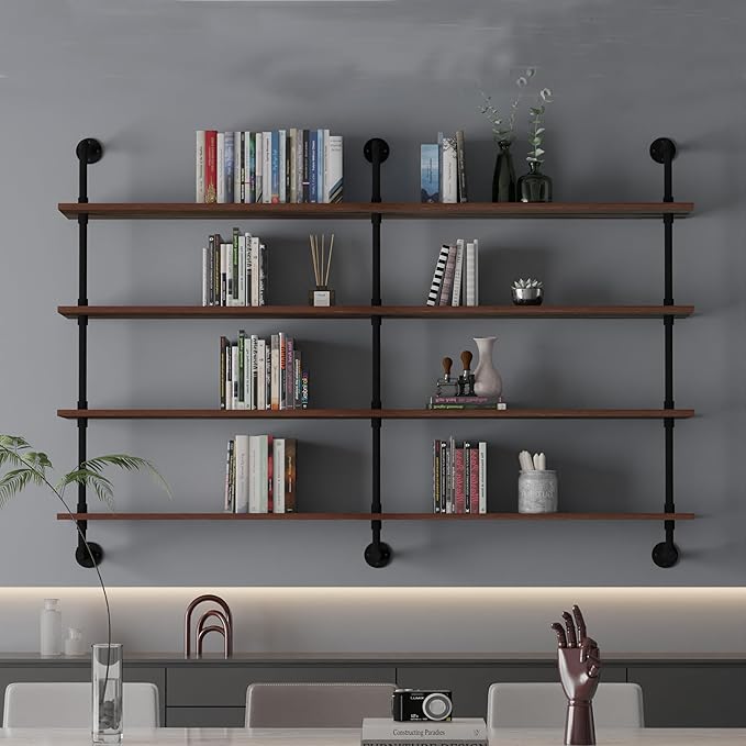 Industrial Pipe Wall Shelves Pipe Shelving with Real Wood Plank,60 Inches Floating Shelves for Wall Farmhouse Pipe Book Shelves Dark Brown 4 Tier for Kitchen,Living Room Decor and Bar Shelving