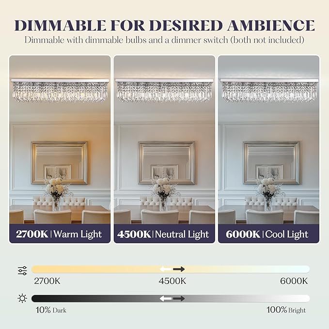 Modern Crystal Chandelier, 8-Lights Rectangle Chandelier Rectangular Flush Mount Pendant Ceiling Light Fixture K9 Crystal Raindrop Chandeliers for Dining Living Room Kitchen Island 𝐋𝟒𝟎 𝐈𝐧𝐜𝐡