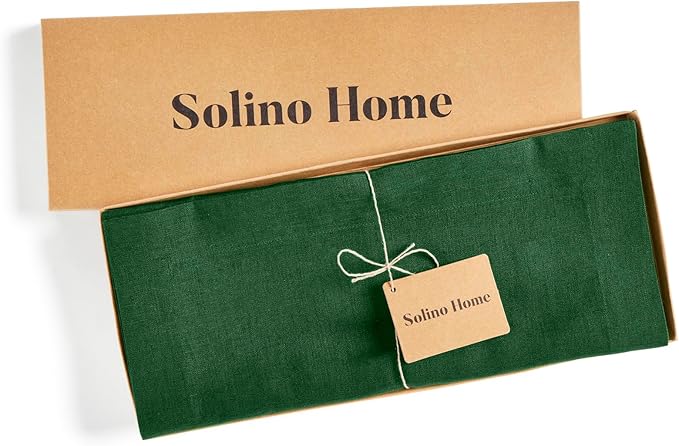 Solino Home Linen Pine Green Table Runner 90 Inches Long - 100% Pure Linen 14 x 90 Inch Table Runner for Fall, Autumn, Thanksgiving - Fete