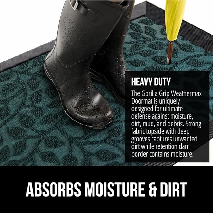 GORILLA GRIP 100% Waterproof All-Season WeatherMax Doormat, 72x24, US Designed Natural Rubber, Stain and Fade Resistant, Low Profile Indoor Outdoor Door Mats, Easy Clean Patio Mat, Moss Vine Leaves