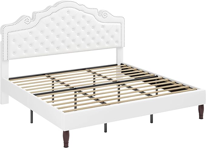 Allewie King Bed Frame with Adjustable Velvet Tiara Headboard, Upholstered Diamond Button Tufted Platform Bed, Wood Slats Support, No Box Spring Needed, Mattress Foundation, Easy Assembly, White