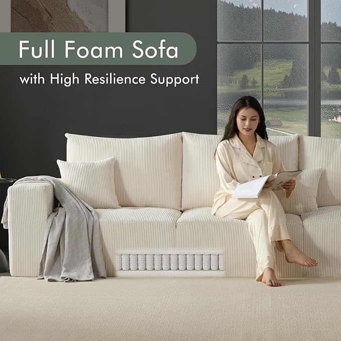 Boneless Sectional Cloud Couch Sofa for Living Room, 112" L-Shaped Modular Modern Lounge Sleeper Beige Couches with Chaise, No Assemble, Cordury Compression Upholstered Sofas