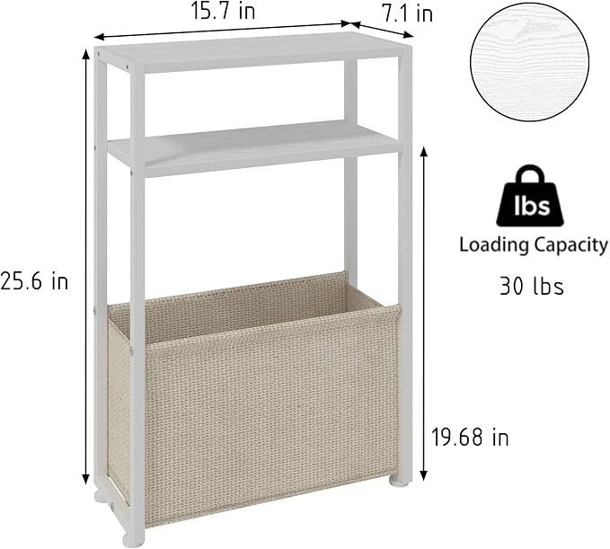 Narrow Side Table, Slim End Tables with Fabric Basket, Skinny Table for Small Spaces, Thin Bedside Table for Living Room, Bedroom (1, White + Camel Brown)