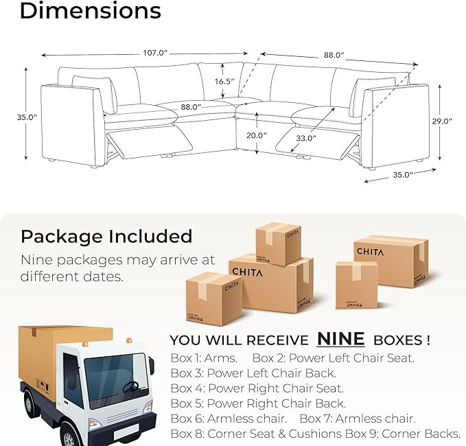 CHITA Power Sectional Down Filled Corner Sofa, Comfty Feather V Shape Power Modular, FSC Certified Modern Cloud Couch with Electric Footrests, 107 inch Width,5 Seat Sofa, Cream