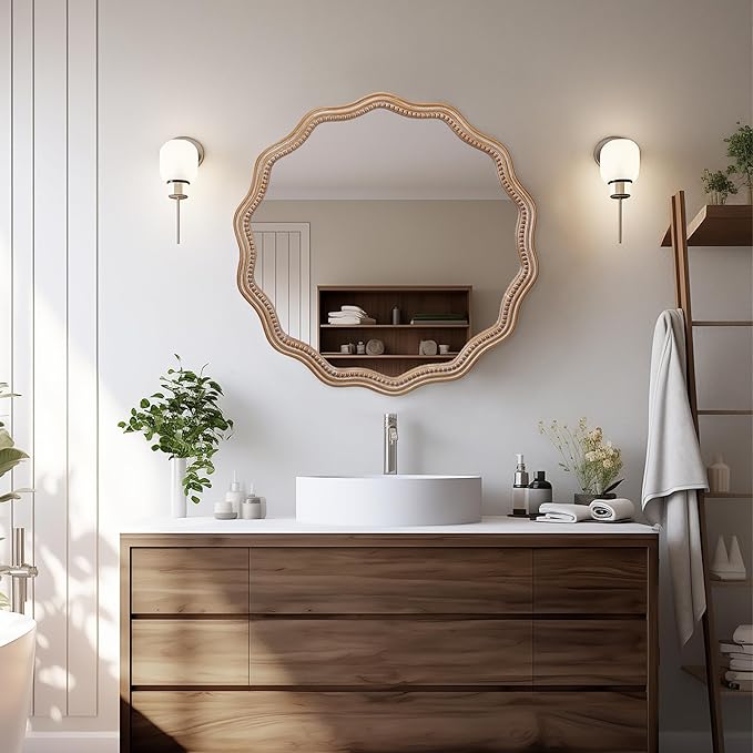 Round Mirror Vanity Mirrors for Bathroom with Wavy Wood & Beaded Frame - Wall Mirrors for Living Room,Entry Mirrors for Wall,Decorative Mirror