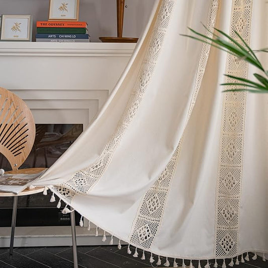 Sutuo Home Boho Curtains Crochet Lace Patchwork Semi-Blackout Bohemian Handmade Tassels, Rod Pocket Window Treatment Vintage Rustic Farmhouse Drapes for Living Bedroom, 1 Panel 59" W x 84" L, Beige