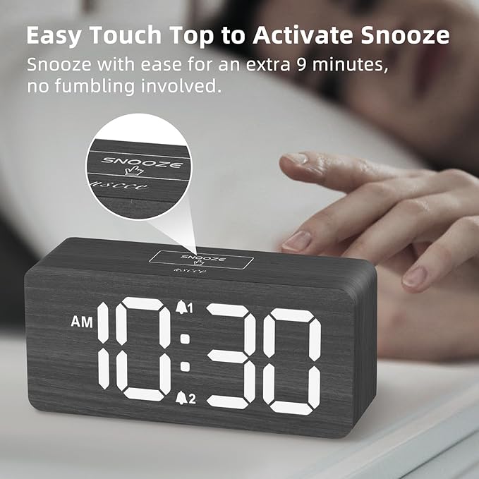 uscce Wooden Digital Alarm Clocks for Bedrooms: Dimmable Dual Alarm Clock with Large Numbers for Bedside Desk - Loud Alarm for Heavy Sleepers with Volume Control - Wood Decor & Gifts