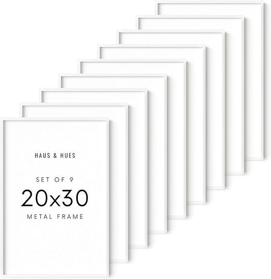 HAUS AND HUES 20x30 White Metal Picture Frames - Features Premium Aluminum, Vertical & Horizontal Hang, Shatterproof Plexiglass - Ideal for Home, Room, Office (20x30 in, White, Set of 9)