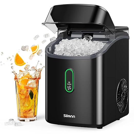 Silonn Nugget Ice Maker Countertop, Pebble Ice Maker with Soft Chewable Ice, Ready in 6 Mins, 34lbs Per Day, One-Click Operation Ice Machine with Self-Cleaning, for Home, Kitchen, Party, RV, Camping