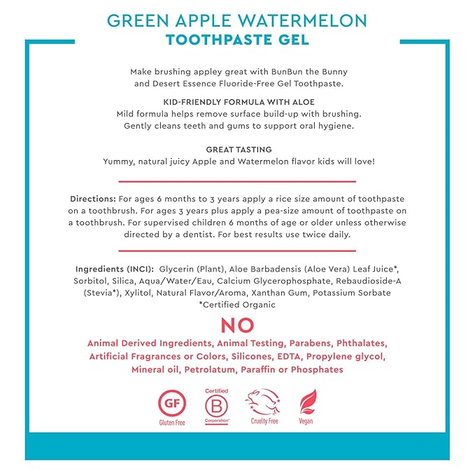 Desert Essence, Green Apple Watermelon Toothpaste Kids Gel, 4.7 oz. - Safe to Swallow, Fluoride Free, SLS Free, Gluten-Free, Vegan, Plant Powered Formula, Great Tasting, Removes Plaque and Buildup