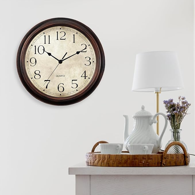 14 Inch Wall Clocks Battery Operated Silent Non-Ticking Analog Wall Clock Vintage Retro Rustic Style Decorative for Living Room Kitchen Home Office(Bronze)