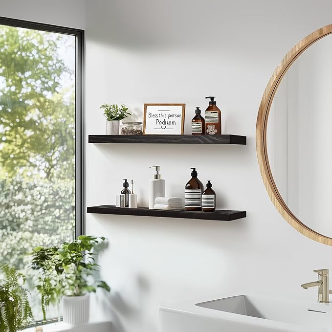 Floating Wall Shelves 2-Pack - 24-Inch Rustic Black Wooden Shelves for Storage and Décor, Easy Installation for Living Room, Bedroom, and Kitchen