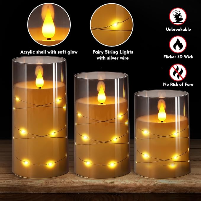 NURADA Flickering Flameless Candles: Built-in Star String Lights Unbreakable 3D Wick Acrylic Battery Operated LED Pillar Candles with Remote and Timer for Romantic Mood Home Decoration - 3 Pack Gray