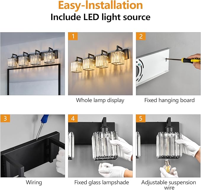 Modern Crystal Bathroom Vanity Light 4-Lights Black Modern Crystal Wall Lamp Bathroom Modern Crystal Vanity Lighting