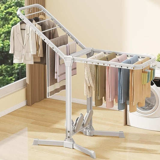Heavy Duty Clothes Drying Rack Foldable, Aluminum Large Drying Rack Clothing with 2 Height-Adjustable Drying Wings, Laundry Racks for Drying Clothes,Easy to Fold,Indoor Outdoor Use