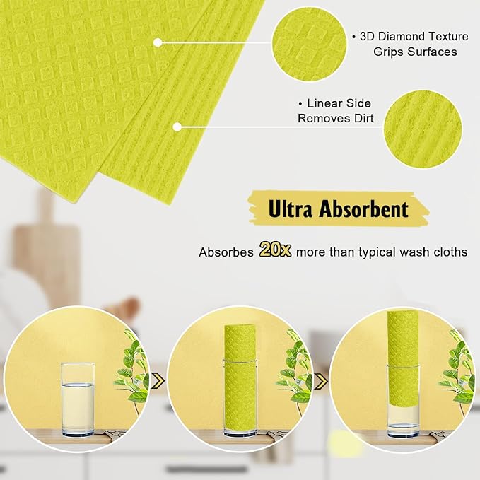 Swedish Dishcloths for Kitchen | 10 Pack Absorbent Cellulose Sponge Cloths Washable | Non-Scratch Reusable Paper Towels Quick Drying Cleaning Rag - Yellow