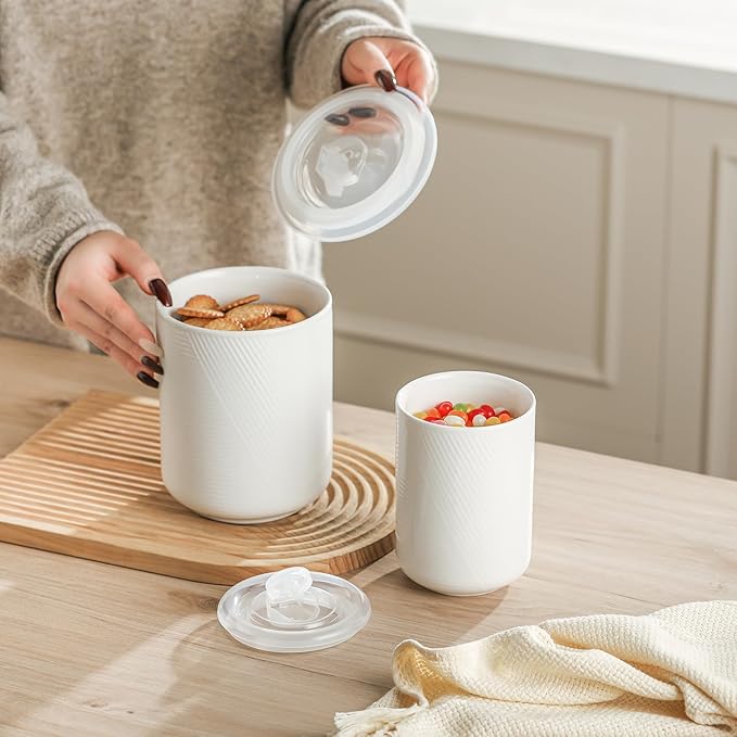 Food Storage Containers with Airtight Lids: Ceramic Canister Sets for Kitchen Countertop - Porcelain Jar for Coffee Tea Flour Sugar Rice Cookies Candy - White (23+42 oz)