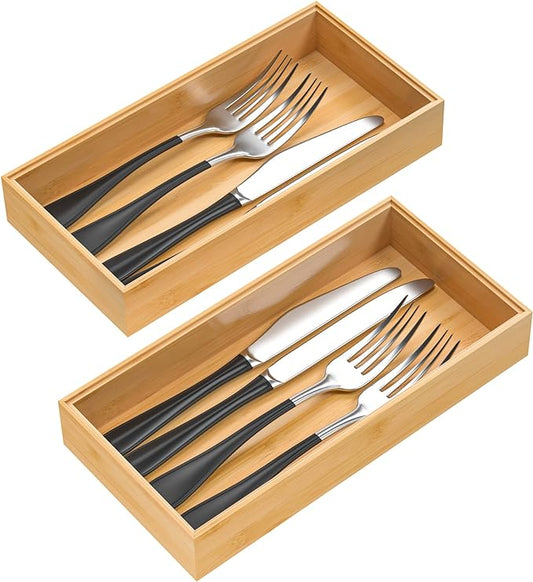 Silverware Tray for Drawer, Stackable Kitchen Bamboo Drawer Organizer 12" x 6" x 2" Set of 2