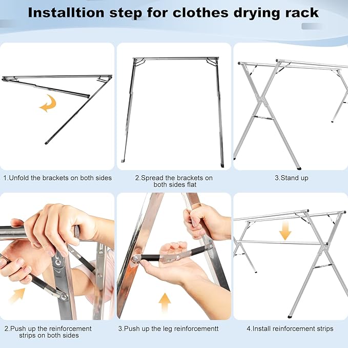 Sarahipe Sillars Clothes Drying Rack, 94.5 inches Laundry Drying Rack Clothing Foldable & Collapsible Stainless Steel Heavy Duty Clothing Drying Rack with Windproof Hooks for Indoor Outdoor