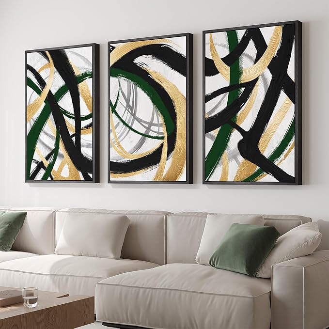 Large Framed Abstract Wall Art for Living Room, Set of 3 Modern Canvas Prints Painting Artwork for Walls, Black Green and Gold Brush Stroke Pictures for Hallway Dining Room Office Wall Decor 24x36 In