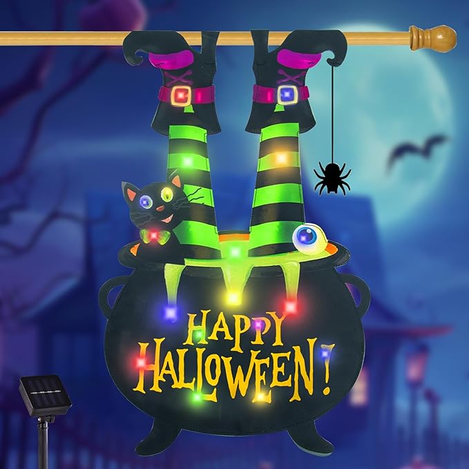 Halloween Lighted Garden Flag for Outside, Witch Feet Shape Flag Yard Decor, 8 Modes 28x40 Double Sided Cauldron Eyeball Black Cat Outdoor Hlloween Decorations for Home Porch（Multi Colored-28x40）