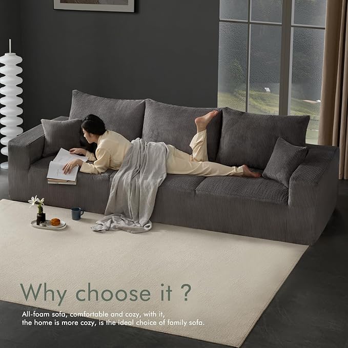 Boneless Sectional Cloud Couch Sofa Bed for Living Room, 112" Modular Modern Lounge 3 Seater Sleeper Grey Couches with Chaise, No Assemble, Cordury Compression Upholstered Sofas