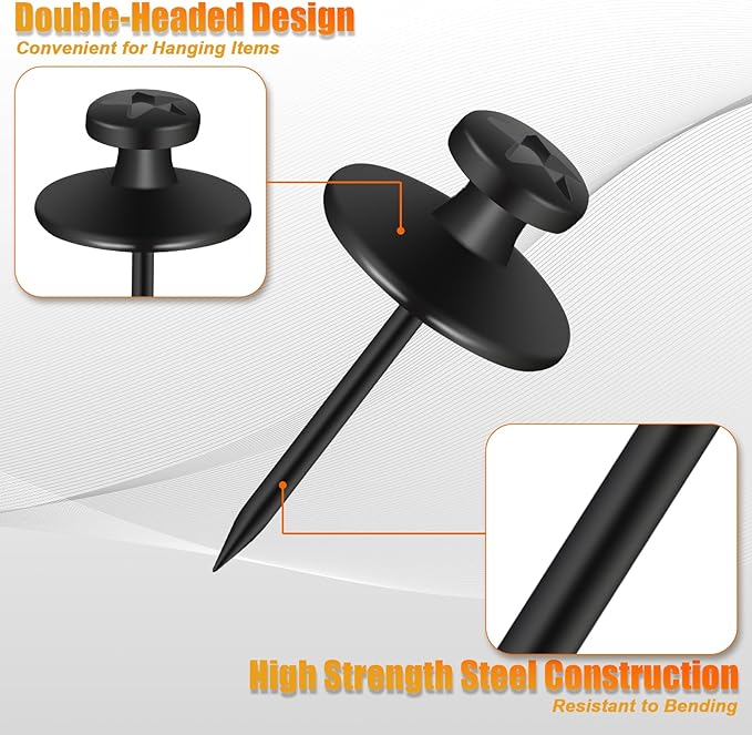 KURUI 60Pcs Double Headed Nails for Hanging Pictures, Renter Friendly Decor Pictures Hanging Kit, Wall Hangers for Bathroom Living Room Office, Push Pins for Tapestry Frame Art, Wall Mount-Black