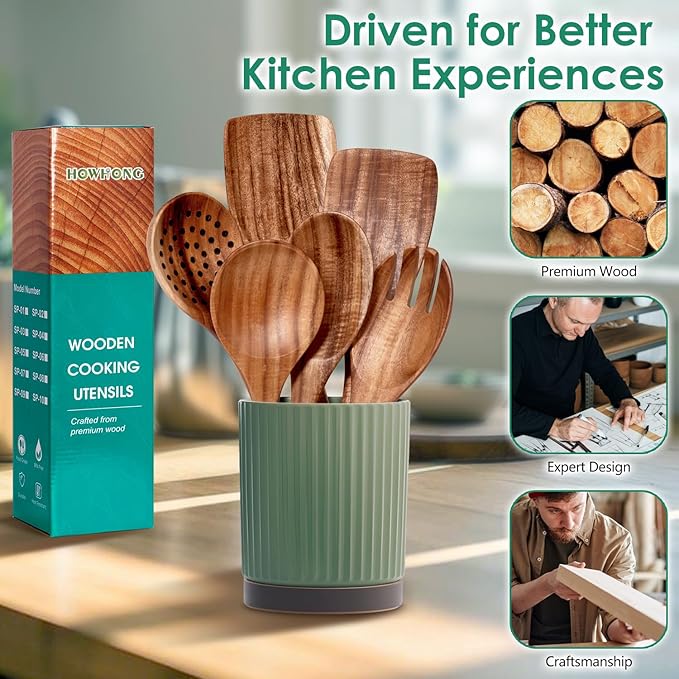 Wooden Spoons for Cooking 6 Piece - Natural Teak Wood Kitchen Utensils Set - Smooth Finish Soft Comfort-Grip Safe for Nonstick By HOWHONG