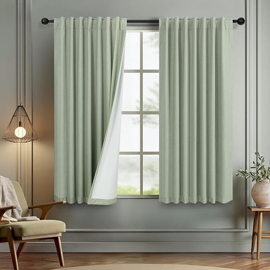 Living Room Green Black Out Curtains 63 Inch Long 2 Panel Thermal Insulated Heat Blocking Sage Green Light Curtains for Nursery Teen Boys Bedroom Playroom Office Boho Cottage Core Decorative 63 Length