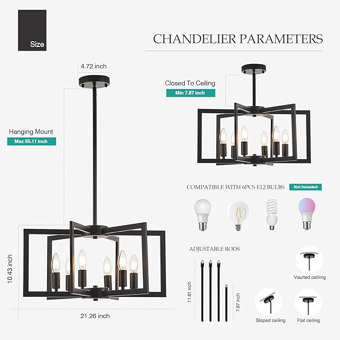 Modern Farmhouse Black Chandeliers for Dining Room, 6-Light Industrial Metal Chandeliers Geometric Pendant Lights Kitchen Island for Entryway Stairway Foyer Hallway