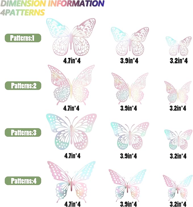 SAOROPEB 3D Wall Decor - 48 Pcs, 4 Styles, 3 Sizes - Laser Pink Butterfly Decorations for Birthday Parties, Removable Stickers