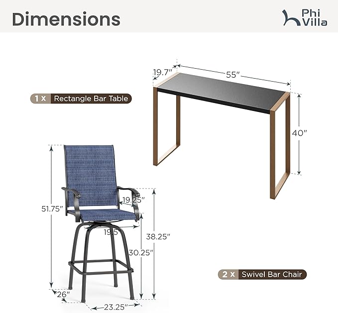 PHI VILLA 3 Piece Outdoor Bar Set, High Top Patio Bistro Table and Bar Chairs with Blue Textilene Fabric & Rustproof Metal Frame for Backyard, Balcony, Garden & Poolside